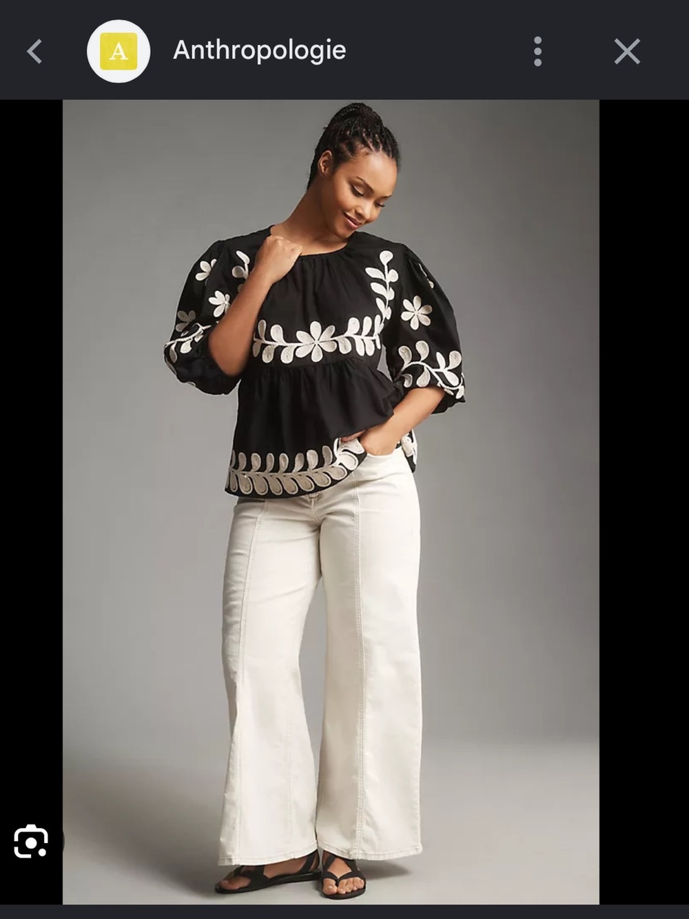 Anthropologie Black Peasant Blouse with Cream Floral Embroidery